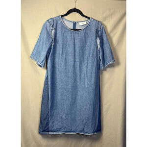 Loup Alicia Denim Chambray Shift Dress Short Sleeve Ruffle Women's L